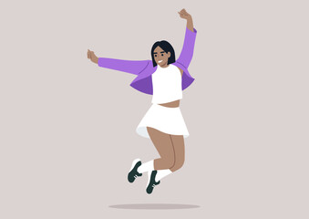 The girl in a white skirt and bright purple jacket joyfully leaps upwards, her arms raised and a big smile on her face, embodying sheer excitement and freedom in the warm sunlight © nadia_snopek