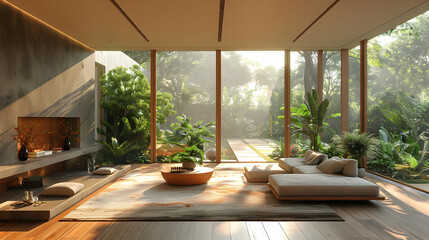 Fototapeta premium Modern Living Room Interior Design with Large Windows and a View of the Garden - 3D Illustration