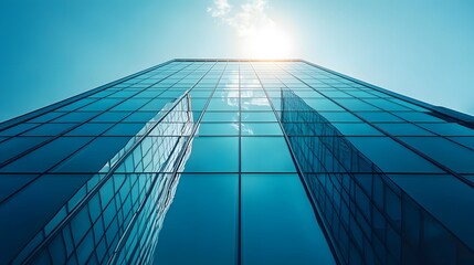 Modern glass building facade, bright sunlight, clear blue sky reflections, geometric pattern, panoramic view, clean corporate architecture, transparent surfaces.