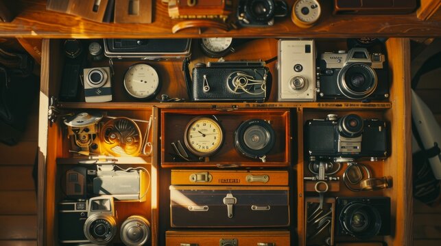 An organized drawer filled with vintage cameras, lenses, and old clocks, showcasing a love for photography and timeless treasures.