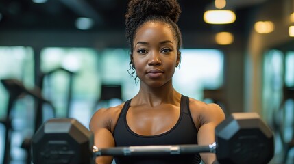 Fototapeta premium A woman in a modern gym performing a daily fitness routine, lifting dumbbells with a determined expression.