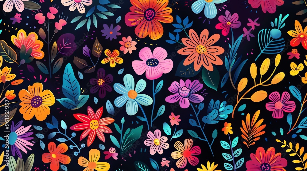 Wall mural A seamless pattern of colorful flowers and leaves on a black background.