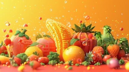A lively 3D-rendered image of assorted fruits and vegetables, including bananas, oranges, and strawberries, with a splash of water droplets adding a fresh, dynamic feel. Set against a vibrant gradient