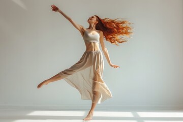 Graceful dancer in a sunlit studio showcasing fluid movement and elegance during a contemporary dance performance in the morning