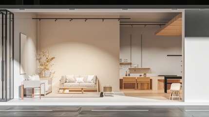 A modern, minimalistic interior showcasing a serene living space with neutral tones and contemporary decor elements.