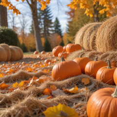 Lots of ripe pumpkins on hay on  sunny day