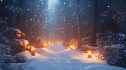 Fototapeta premium Ice candles illuminate the small path in the snowy forest - generative ai. Snowy Forest. Illustration