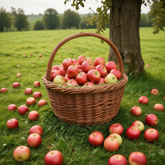 Still life with a wicker basket of ripe apples in the garden