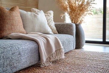 Close-up of a Grey Sofa with Cushions and a Blanket