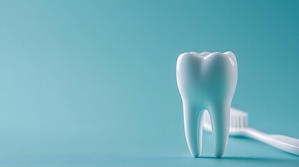 White toothbrush and ceramic tooth model, dental hygiene concept, clean minimalist background, soft blue tones, high-key lighting, healthcare and oral care theme.