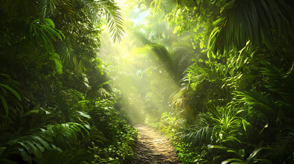 Illustration of a lush, green jungle pathway surrounded by dense tropical foliage and trees, with sunlight streaming through the canopy. Lush Jungle. Illustration