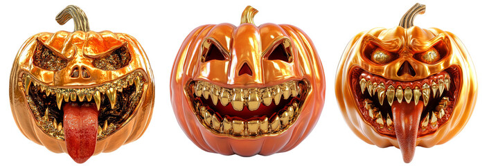 PNG Halloween Jack-o-lantern with crazy creepy evil expression, metallic gold sharp teeth, long tongue. Luxury pumpkin clipart on transparent background
