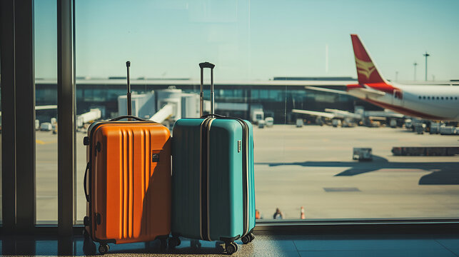dos maletas en un ventanal del aeropuerto viajes y diversion a destinos turisticos equipaje y transporte esperando el avion