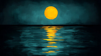 Vibrant yellow sun setting over calm blue ocean waters creating a reflection at twilight