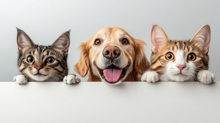 Three adorable pets, cat, dog, and another cat, peek over white edge with joyful expressions. Their playful demeanor brings sense of happiness.