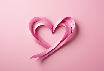 Pink ribbon in heart shape on a pastel pink background with copy space.  Breast Cancer Awareness Month concept. Love symbol. Valentine's day, wedding. Romantic backdrop, design for card