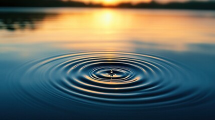 Close-up of a water droplet creating ripples on a calm pond at dawn