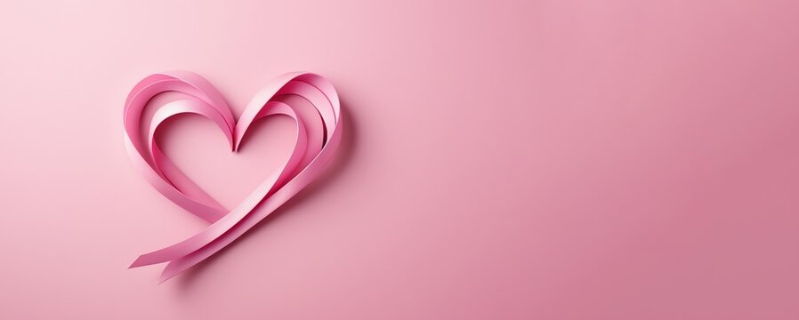 Pink ribbon in heart shape on a pastel pink background with copy space. Breast Cancer Awareness Month concept. Love symbol. Valentine's day, wedding. Romantic backdrop, design for banner - Powered by Adobe