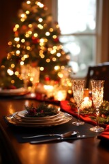 Elegant holiday dining setup with sparkling glasses, festive decor, and a beautiful Christmas tree in the background.