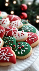 Festively decorated holiday cookies in red, green, and white, perfect for Christmas celebrations and gatherings.