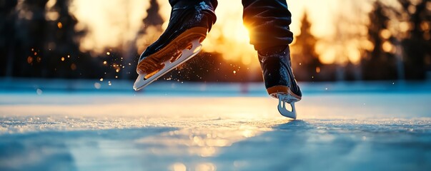 A dynamic shot of an ice skater gliding gracefully over the rink at sunset, showcasing skill and movement on the ice.
