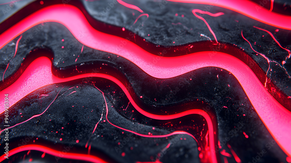 Wall mural abstract representation of flowing red neon lines against a textured black background in a modern di