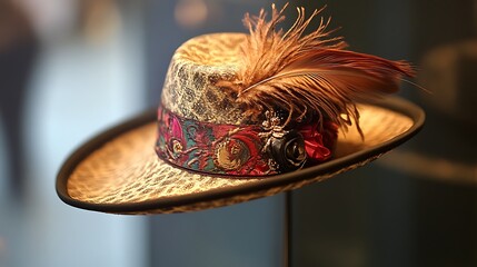 Exquisite Vintage Hat with Feathers on Elegant Display Stand