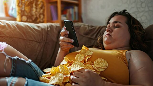 Unhealthy Lifestyle Choices: A candid portrayal of a woman indulging in chips while engrossed in her phone, highlighting the pitfalls of sedentary behavior and unhealthy eating habits.  