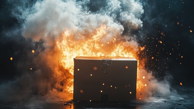 Exploding package engulfed in fire and smoke, signifying a hazardous delivery gone terribly wrong