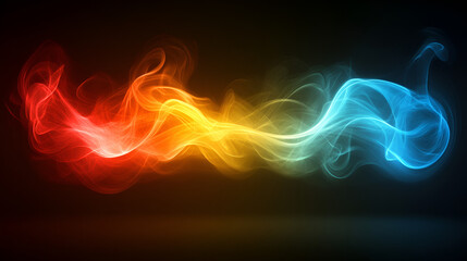 Fototapeta premium Vibrant swirling smoke in shades of red, orange, yellow, and blue against a dark background showcasing dynamic movement and contrast