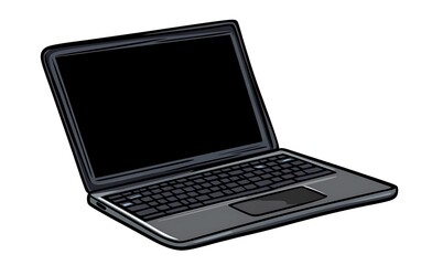 Minimalistic Black Vector Laptop with Open Screen and Keyboard on White Background - High Resolution Flat Design Illustration