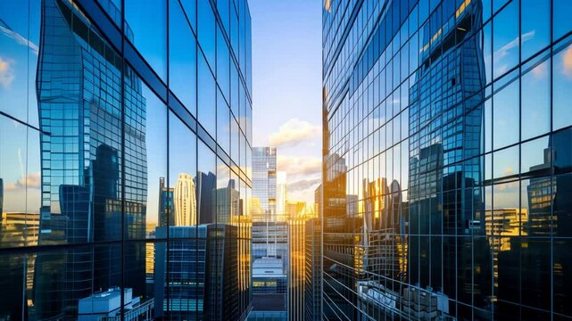 Urban Skyline: Sunrays pierce through the towering glass facades of modern skyscrapers, casting a golden glow on the city below.  A mesmerizing urban vista that embodies the ambition, progress, and dy