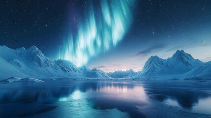 Naklejka premium 3D Aurora Borealis Border Frame with Snowy Mountains & Copy Space - Stunning Northern Lights Design for Nature-Themed Projects