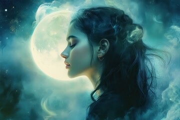 Woman with long dark hair in profile, standing before a full moon and a starry night sky.