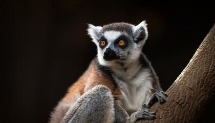 Naklejka premium Lemur on tree dark background