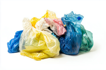 Variety of plastic rubbish bag with plastic bottle isolated on white background, Pile of garbage on white.