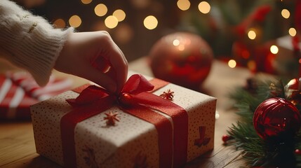 Hand-Tying Ribbon on Gift Box: A detailed shot of a hand carefully tying a ribbon on a gift box, with festive decorations in the background.
