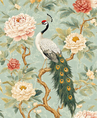 Obraz premium Chinoiserie wallpaper featuring intricate gold-accented floral motifs, peonies, and chrysanthemums, with elegant birds like cranes and peacocks perched on twisting branches