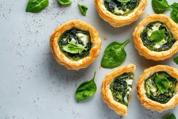 Spinach and ricotta filled mini pies on gray background top view with room for text