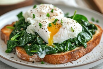Spinach and poached egg toast with creamy sauce on plate