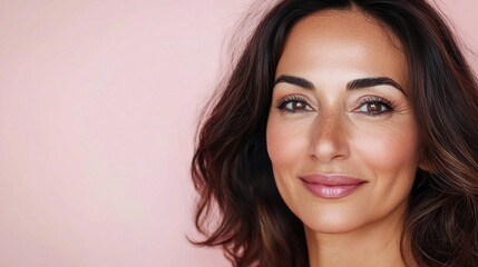 Naklejka premium A woman with brown hair and brown eyes is smiling