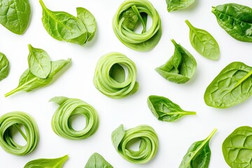 Obraz premium Spinach and spinach noodles in creative arrangement on white background Flat lay photography Concept of food and macro photography