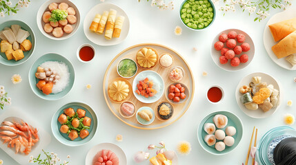 3D Family Celebrating Mid Autumn Festival Together: Candid Overhead Shot of Shared Dishes and Lively Conversations on a White Background