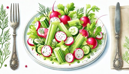 A watercolor-style illustration of a fresh and vibrant Radish, Celery, and Cucumber Salad on a white plate