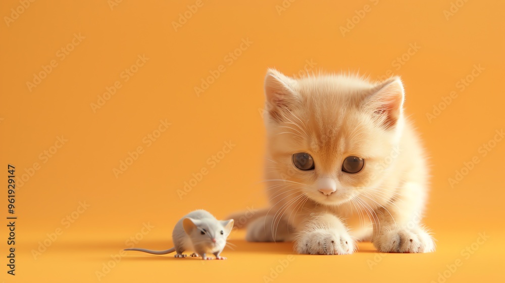 Poster A ginger kitten and a small mouse look at each other.