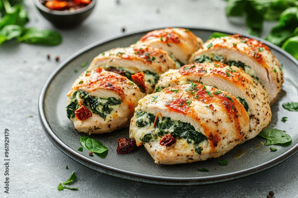 Sticker Spinach cheese sun dried tomato stuffed chicken Presented on ceramic plate Background gray concrete Spinach recipes Healthy option