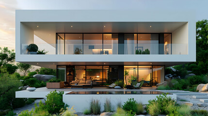 Modern House with Pool and Lush Greenery - 3D Illustration