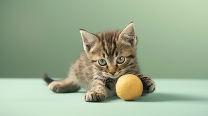 Fototapeta premium A tabby kitten playing with a yellow ball.
