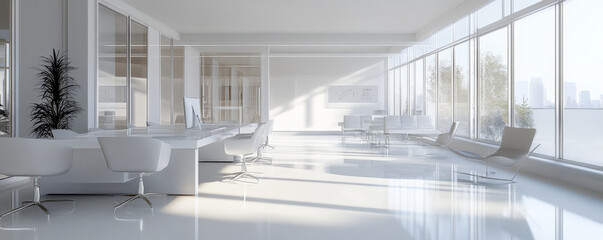 Obraz premium A clean, open-plan 3D white office with large windows, sleek, modern furniture, and diffused natural light filling the space.