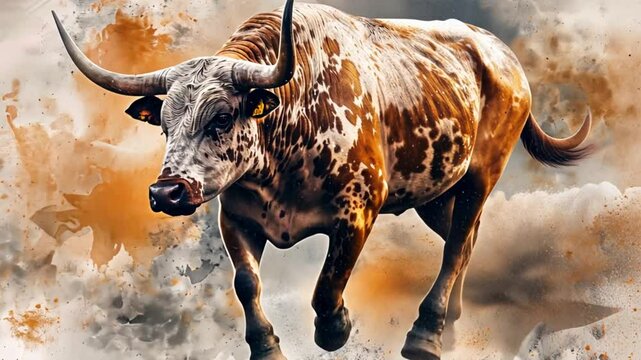 Texas Longhorn Bull in Artistic Storm: A powerful Texas Longhorn bull, with its distinctive long horns and spotted coat, stands majestically against a backdrop of swirling clouds and abstract shapes, 